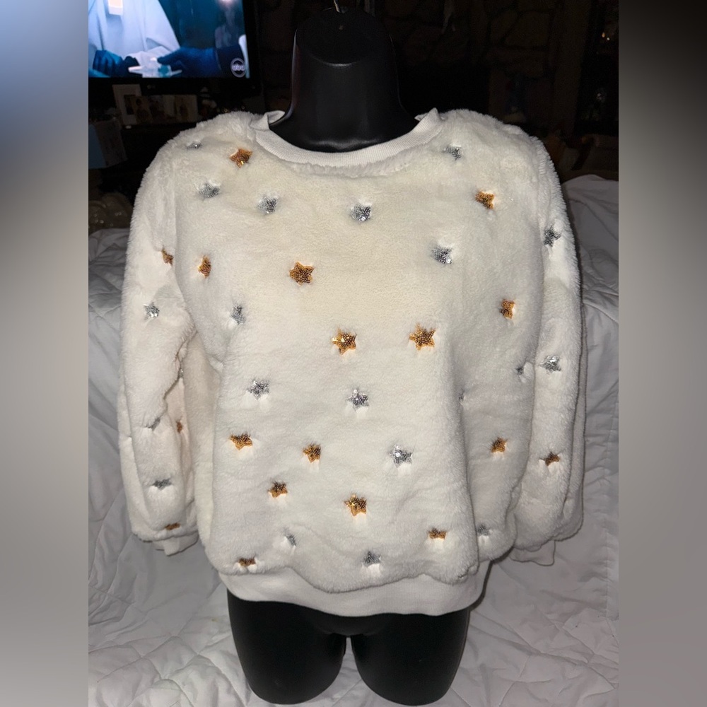 It’s Our Time Faux Fur With Sequinned Stars Sweater